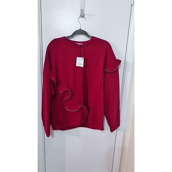 Zara Trafaluc Red Zipper Ruffle Embellished Sweater Sweatshirt SZ S NEW - Picture 1 of 9